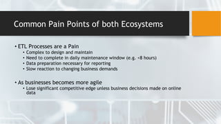 Common Pain Points of both Ecosystems
• ETL Processes are a Pain
• Complex to design and maintain
• Need to complete in daily maintenance window (e.g. <8 hours)
• Data preparation necessary for reporting
• Slow reaction to changing business demands
• As businesses becomes more agile
• Lose significant competitive edge unless business decisions made on online
data
 