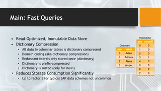 Main: Fast Queries
• Read-Optimized, Immutable Data Store
• Dictionary Compression
• All data in columnar tables is dictionary compressed
• Domain coding (aka dictionary compression)
• Redundant literals only stored once (dictionary)
• Dictionary is prefix-compressed
• Dictionary is sorted (only for main)
• Reduces Storage Consumption Significantly
• Up to factor 5 for typical SAP data schemes not uncommon
 