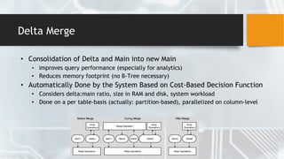 Delta Merge
• Consolidation of Delta and Main into new Main
• Improves query performance (especially for analytics)
• Reduces memory footprint (no B-Tree necessary)
• Automatically Done by the System Based on Cost-Based Decision Function
• Considers delta:main ratio, size in RAM and disk, system workload
• Done on a per table-basis (actually: partition-based), parallelized on column-level
 
