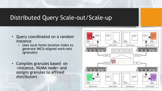 Distributed Query Scale-out/Scale-up
• Query coordinated on a random
instance
• Uses local home location index to
generate IMCU-aligned work-sets
(granules)
• Compiles granules based on
<instance, NUMA node> and
assigns granules to affined
distributors
 