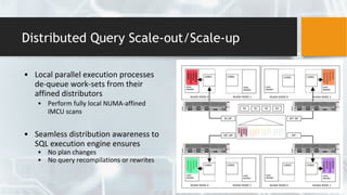 Distributed Query Scale-out/Scale-up
• Local parallel execution processes
de-queue work-sets from their
affined distributors
• Perform fully local NUMA-affined
IMCU scans
• Seamless distribution awareness to
SQL execution engine ensures
• No plan changes
• No query recompilations or rewrites
 
