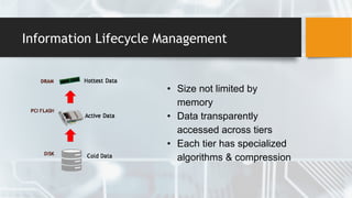 Information Lifecycle Management
• Size not limited by
memory
• Data transparently
accessed across tiers
• Each tier has specialized
algorithms & compression
 