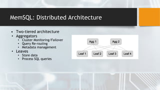MemSQL: Distributed Architecture
• Two-tiered architecture
• Aggregators
• Cluster Monitoring/Failover
• Query Re-routing
• Metadata management
• Leaves
• Store data
• Process SQL queries
 