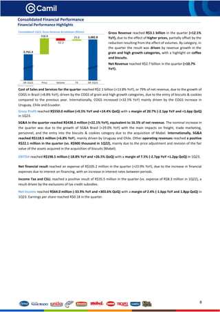8
Consolidated Financial Performance
Financial Performance Highlights
Consolidated 1Q23: Gross Revenue Breakdown (R$mn)
Source: Company
Cost of Sales and Services for the quarter reached R$2.1 billion (+13.8% YoY), or 79% of net revenue, due to the growth of
COGS in Brazil (+8.8% YoY), driven by the COGS of grain and high growth categories, due to the entry of biscuits & cookies
compared to the previous year. Internationally, COGS increased (+32.5% YoY) mainly driven by the COGS increase in
Uruguay, Chile and Ecuador.
Gross Profit reached R$550.0 million (+0.5% YoY and +14.4% QoQ) with a margin of 20.7% (-2.1pp YoY and +1.6pp QoQ)
in 1Q23.
SG&A in the quarter reached R$438.3 million (+22.1% YoY), equivalent to 16.5% of net revenue. The nominal increase in
the quarter was due to the growth of SG&A Brasil (+29.0% YoY) with the main impacts on freight, trade marketing,
personnel, and the entry into the biscuits & cookies category due to the acquisition of Mabel. Internationally, SG&A
reached R$118.5 million (+6.8% YoY), mainly driven by Uruguay and Chile. Other operating revenues reached a positive
R$22.1 million in the quarter (vs. R$900 thousand in 1Q22), mainly due to the price adjustment and revision of the fair
value of the assets acquired in the acquisition of biscuits (Mabel).
EBITDA reached R$198.5 million (-18.8% YoY and +26.5% QoQ) with a margin of 7.5% (-2.7pp YoY +1.2pp QoQ) in 1Q23.
Net financial result reached an expense of R$105.2 million in the quarter (+23.9% YoY), due to the increase in financial
expenses due to interest on financing, with an increase in interest rates between periods.
Income Tax and CSLL reached a positive result of R$35.5 million in the quarter (vs. expense of R$8.3 million in 1Q22), a
result driven by the exclusions of tax credit subsidies.
Net Income reached R$64.0 million (-33.9% YoY and +303.6% QoQ) with a margin of 2.4% (-1.6pp YoY and 1.8pp QoQ) in
1Q23. Earnings per share reached R$0.18 in the quarter.
Gross Revenue reached R$3.1 billion in the quarter (+12.1%
YoY), due to the effect of higher prices, partially offset by the
reduction resulting from the effect of volumes. By category, in
the quarter the result was driven by revenue growth in the
grain and high growth categories, with a highlight on coffee
and biscuits.
Net Revenue reached R$2.7 billion in the quarter (+10.7%
YoY).
 