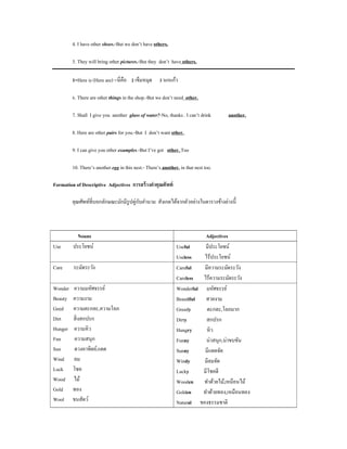 4. I have other shoes.-But we don’t have others.

         5. They will bring other pictures.-But they don’t have others.

         1=Here is (Here are) =นี่คือ 2 เข็มหมุด 3 นกแก้ว

         6. There are other things in the shop.-But we don’t need other.

         7. Shall I give you another glass of water?-No, thanks . I can’t drink      another.

         8. Here are other pairs for you.-But I don’t want other.

         9. I can give you other examples.-But I’ve got other. Too

         10. There’s another egg in this nest.- There’s another. in that nest too.

Formation of Descriptive Adjectives การสร้ างคําคุณศัพท์

         คุณศัพท์ที่บอกลักษณะมักมีรูปคู่กบคํานาม สังเกตได้จากตัวอย่างในตารางข้างล่างนี้
                                         ั



          Nouns                                                           Adjectives
Use      ประโยชน์                                              Useful     มีประโยชน์
                                                               Useless   ไร้ประโยชน์
Care     ระมัดระวัง                                            Careful   มีความระมัดระวัง
                                                               Careless ไร้ความระมัดระวัง
Wonder   ความมหัศจรรย์                                         Wonderful มหัศจรรย์
Beauty   ความงาม                                               Beautiful สวยงาม
Geed     ความตะกละ,ความโลภ                                     Greedy      ตะกละ,โลภมาก
Dirt     สิ่ งสกปรก                                            Dirty      สกปรก
Hunger   ความหิว                                               Hungry     หิว
Fun       ความสนุก                                             Funny      น่าสนุก,น่าขบขัน
Sun       ดวงอาทิตย์,แดด                                       Sunny     มีแดดจัด
Wind     ลม                                                    Windy     มีลมจัด
Luck     โชค                                                   Lucky     มีโชคดี
Wood     ไม้                                                   Wooden ทําด้วยไม้,เหมือนไม้
Gold     ทอง                                                   Golden    ทําด้วยทอง,เหมือนทอง
Wool     ขนสัตว์                                               Natural ของธรรมชาติ
 