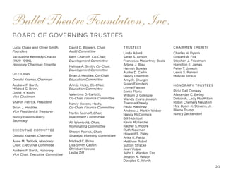 20
Ballet Theatre Foundation, Inc. 
BOARD OF GOVERNING TRUSTEES
Lucia Chase and Oliver Smith,
Founders
Jacqueline Kennedy Onassis
(1929–1994),
Honorary Chairman Emerita
OFFICERS
Donald Kramer, Chairman
Andrew F. Barth,
Mildred C. Brinn,
David H. Koch,
Vice Chairmen
Sharon Patrick, President
Brian J. Heidtke,
Vice President & Treasurer
Nancy Havens-Hasty,
Secretary
EXECUTIVE COMMITTEE
Donald Kramer, Chairman
Anne M. Tatlock, Honorary
Chair, Executive Commitee
Andrew F. Barth, Honorary
Vice Chair, Executive Committee
David C. Blowers, Chair,
Audit Committee
Beth Chartoff, Co-Chair,
Development Committee
Melissa A. Smith, Co-Chair,
Development Committee
Brian J. Heidtke, Co-Chair,
Education Committee
Ann L. Hicks, Co-Chair,
Education Committee
Valentino D. Carlotti,
Co-Chair, Finance Committee
Nancy Havens-Hasty,
Co-Chair, Finance Committee
Martin Sosnoff, Chair,
Investment Committee
Ali Wambold, Chair,
Nominating Committee
Sharon Patrick, Chair,
Strategic Planning Committee
Mildred C. Brinn
Lisa Smith Cashin
Christian Keesee
Leslie Ziff
TRUSTEES
Linda Allard
Sarah S. Arison
Francesca Macartney Beale
Arlene J. Blau
Hamish Bowles
Audre D. Carlin
Nancy Chemtob
Amy R. Churgin
Susan Feinstein
Lynne Flexner
Sonia Floria
William J. Gillespie
Wendy Evans Joseph
Theresa Khawly
Paula Mahoney
Andrew J. Martin-Weber
Nancy McCormick
Bill McIntosh
Kevin McKenzie
Rachel S. Moore
Ruth Newman
Howard S. Paley
Anka K. Palitz
Matthew Rubel
Sutton Stracke
Jean Volpe
John L. Warden, Esq.
Joseph A. Wilson
Douglas C. Wurth
CHAIRMEN EMERITI	
Charles H. Dyson
Edward A. Fox
Stephen J. Friedman
Hamilton E. James
Peter T. Joseph
Lewis S. Ranieri
Melville Straus
HONORARY TRUSTEES
Ricki Gail Conway
Alexander C. Ewing
Deborah, Lady MacMillan
Robin Chemers Neustein
Mrs. Byam K. Stevens, Jr.
Blaine Trump
Nancy Zeckendorf
 