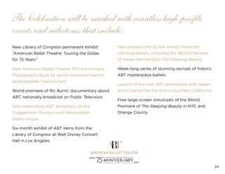 24
New Library of Congress permanent exhibit
“American Ballet Theatre: Touring the Globe
for 75 Years”
New American Ballet Theatre 75th Anniversary
Photography Book by world-renowned fashion
photographer Fabrizio Ferri
World premiere of Ric Burns’ documentary about
ABT, nationally broadcast on Public Television
New celebratory ABT exhibitions at the
Guggenheim Museum and Metropolitan
Opera House
Six-month exhibit of ABT items from the
Library of Congress at Walt Disney Concert
Hall in Los Angeles
New productions by the world’s foremost
choreographers, including the World Premiere
of Alexei Ratmansky’s The Sleeping Beauty
Week-long series of stunning revivals of historic
ABT masterpiece ballets
Launch of the new ABT partnership with Seger-
strom Center for the Arts in Southern California
Free large-screen simulcasts of the World
Premiere of The Sleeping Beauty in NYC and
Orange County
The Celebration will be marked with countless high-profile
events and milestones that include:
 