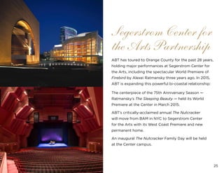 25
Segerstrom Center for
the Arts Partnership
ABT has toured to Orange County for the past 28 years,
holding major performances at Segerstrom Center for
the Arts, including the spectacular World Premiere of
Firebird by Alexei Ratmansky three years ago. In 2015,
ABT is expanding this powerful bi-coastal relationship:
The centerpiece of the 75th Anniversary Season —
Ratmansky’s The Sleeping Beauty — held its World
Premiere at the Center in March 2015.
ABT’s critically-acclaimed annual The Nutcracker
will move from BAM in NYC to Segerstrom Center
for the Arts with its West Coast Premiere and new
permanent home.
An inaugural The Nutcracker Family Day will be held
at the Center campus.
 