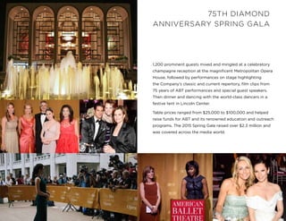 27
75TH DIAMOND
ANNIVERSARY SPRING GALA
1,200 prominent guests mixed and mingled at a celebratory
champagne reception at the magnificent Metropolitan Opera
House, followed by performances on stage highlighting
the Company’s classic and current repertory, film clips from
75 years of ABT performances and special guest speakers.
Then dinner and dancing with the world-class dancers in a
festive tent in Lincoln Center.
Table prices ranged from $25,000 to $100,000 and helped
raise funds for ABT and its renowned education and outreach
programs. The 2015 Spring Gala raised over $2.3 million and
was covered across the media world.
 