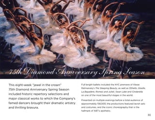 30
75th Diamond Anniversary Spring Season
This eight-week “jewel in the crown”
75th Diamond Anniversary Spring Season
included historic repertory selections and
major classical works to which the Company’s
famed dancers brought their dramatic artistry
and thrilling bravura.
Full length ballets included the NYC premiere of Alexei
Ratmansky’s The Sleeping Beauty, as well as Othello, Giselle,
La Bayadere, Romeo and Juliet, Swan Lake and Cinderella
on one of the most beautiful stages in the world.
Presented on multiple evenings before a total audience of
approximately 158,000, the productions featured lavish sets
and costumes, and the iconic choreography that is the
hallmark of ABT’s aesthetic.
 