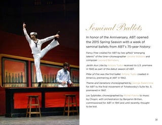 31
Seminal Ballets
In honor of the Anniversary, ABT opened
the 2015 Spring Season with a week of
seminal ballets from ABT’s 75-year history:
Fancy Free created for ABT by two gifted “emerging
talents” of the time—choreographer Jerome Robbins and
composer Leonard Bernstein.
Jardin Aux Lilas by Antony Tudor received its U.S. premiere
in 1940 as part of the debut season of ABT.
Pillar of Fire was the first ballet Antony Tudor created in
America, premiering at ABT in 1942.
Theme and Variations choreographed by George Balanchine
for ABT to the final movement of Tchaikovsky’s Suite No. 3,
premiered in 1947.
Les Sylphides, choreographed by Michel Fokine to music
by Chopin, with orchestration by Benjamin Britten,
commissioned for ABT in 1941 and until recently, thought
to be lost.
 