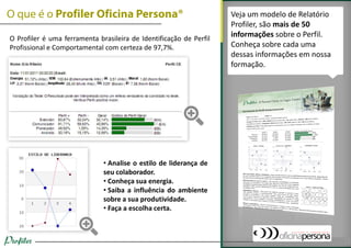 O Profiler é uma ferramenta brasileira de Identificação de Perfil Profissional e Comportamental com certeza de 97,7%. 
• Analise o estilo de liderança de seu colaborador. 
• Conheça sua energia. 
• Saiba a influência do ambiente sobre a sua produtividade. 
• Faça a escolha certa. 
Veja um modelo de Relatório Profiler, são mais de 50 informações sobre o Perfil. Conheça sobre cada uma dessas informações em nossa formação.  