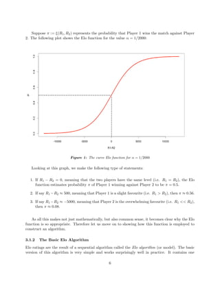 Suppose π := ξ(R1, R2) represents the probability that Player 1 wins the match against Player
2. The following plot shows the Elo function for the value α = 1/2000:
Figure 1: The curve Elo function for α = 1/2000
Looking at this graph, we make the following type of statements:
1. If R1 − R2 = 0, meaning that the two players have the same level (i.e. R1 = R2), the Elo
function estimates probability π of Player 1 winning against Player 2 to be π = 0.5.
2. If say R1 −R2 ≈ 500, meaning that Player 1 is a slight favourite (i.e. R1 > R2), then π ≈ 0.56.
3. If say R1 −R2 ≈ −5000, meaning that Player 2 is the overwhelming favourite (i.e. R1 << R2),
then π ≈ 0.08.
As all this makes not just mathematically, but also common sense, it becomes clear why the Elo
function is so appropriate. Therefore let us move on to showing how this function is employed to
construct an algorithm.
3.1.2 The Basic Elo Algorithm
Elo ratings are the result of a sequential algorithm called the Elo algorithm (or model). The basic
version of this algorithm is very simple and works surprisingly well in practice. It contains one
6
 