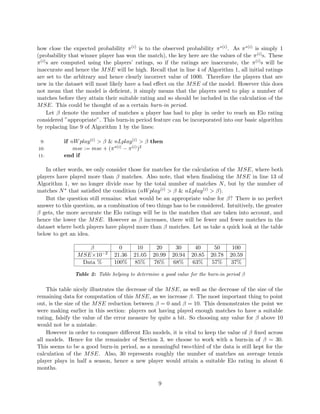 how close the expected probability π(i) is to the observed probability π∗(i). As π∗(i) is simply 1
(probability that winner player has won the match), the key here are the values of the π(i)s. These
π(i)s are computed using the players’ ratings, so if the ratings are inaccurate, the π(i)s will be
inaccurate and hence the MSE will be high. Recall that in line 4 of Algorithm 1, all initial ratings
are set to the arbitrary and hence clearly incorrect value of 1000. Therefore the players that are
new in the dataset will most likely have a bad eﬀect on the MSE of the model. However this does
not mean that the model is deﬁcient, it simply means that the players need to play a number of
matches before they attain their suitable rating and so should be included in the calculation of the
MSE. This could be thought of as a certain burn-in period.
Let β denote the number of matches a player has had to play in order to reach an Elo rating
considered ”appropriate”. This burn-in period feature can be incorporated into our basic algorithm
by replacing line 9 of Algorithm 1 by the lines:
In other words, we only consider those for matches for the calculation of the MSE, where both
players have played more than β matches. Also note, that when ﬁnalising the MSE in line 13 of
Algorithm 1, we no longer divide mse by the total number of matches N, but by the number of
matches N∗ that satisﬁed the condition (nWplay(i) > β & nLplay(i) > β).
But the question still remains: what would be an appropriate value for β? There is no perfect
answer to this question, as a combination of two things has to be considered. Intuitively, the greater
β gets, the more accurate the Elo ratings will be in the matches that are taken into account, and
hence the lower the MSE. However as β increases, there will be fewer and fewer matches in the
dataset where both players have played more than β matches. Let us take a quick look at the table
below to get an idea.
β 0 10 20 30 40 50 100
MSE×10−2 21.36 21.05 20.99 20.94 20.85 20.78 20.59
Data % 100% 85% 76% 68% 63% 57% 37%
Table 2: Table helping to determine a good value for the burn-in period β
This table nicely illustrates the decrease of the MSE, as well as the decrease of the size of the
remaining data for computation of this MSE, as we increase β. The most important thing to point
out, is the size of the MSE reduction between β = 0 and β = 10. This demonstrates the point we
were making earlier in this section: players not having played enough matches to have a suitable
rating, falsify the value of the error measure by quite a bit. So choosing any value for β above 10
would not be a mistake.
However in order to compare diﬀerent Elo models, it is vital to keep the value of β ﬁxed across
all models. Hence for the remainder of Section 3, we choose to work with a burn-in of β = 30.
This seems to be a good burn-in period, as a meaningful two-third of the data is still kept for the
calculation of the MSE. Also, 30 represents roughly the number of matches an average tennis
player plays in half a season, hence a new player would attain a suitable Elo rating in about 6
months.
9
 