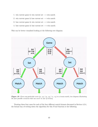1. win current game & win current set −→ win match
2. win current game & lose current set −→ win match
3. lose current game & win current set −→ win match
4. lose current game & lose current set −→ win match
This can be better visualised looking at the following tree diagram:
Figure 19: Given any particular score (p1 : p2 / g1 : g2 / s1 : s2) in a tennis match, tree diagram illustrating
the four possible scenarios that can occur in case of victory
Treating these four cases for each of the four diﬀerent match formats discussed in Section 4.2.4,
the formal way of writing down the algorithm for this Final function is the following.
43
 
