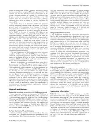 subunit is characteristic of Class I promoter activation, in which
the transcription factor recognizes DNA sites upstream of the 235
element, and the only sterically feasible RNAP contact is the
flexible C-terminal domain of the a subunit [17]. In contrast, Class
II activation has the transcription factor binding near the 235
element, where it is accessible to the entire complex, although
binding to the s factor in addition to a is most typical for this
category[19].
Our results allow us to determine whether the promoter
sequence is required to mediate TF-RNAP binding. The accepted
general model of transcription factor function is that the
transcription factor binds first to the promoter sequence and then
recruits RNA polymerase in the case of activation, or sterically
blocks RNAP in the case of repression [17]. However, an
alternative mechanism has been proposed [18,22,23] for some
transcription factors— including marA and soxS—in which the
TF binds to free RNAP first, then the TF-RNAP complex binds to
DNA. One specific context for this mechanism is when the
number of potential TF binding sites in the genome exceeds the
expression level of the transcription factor; it is thought that in this
case the transcription factor can more efficiently search the
genome by first forming a complex with RNAP. In this manner,
the complex binds only to sites in the genome that contain both
the transcription factor binding sequence and sigma factor
promoter recognition sequences.
The only DNA present in PING experiments is the expression
templates, which are designed for T7 RNA polymerase and do not
contain E. coli promoter sequences, while the FPLC-MS experi-
ments do not include DNA at all. Under these promoter-free
conditions, PING confirms both marA and soxS to be direct
RNAP interactors through the a subunit.
However, the abundance of transcription factors in the PING-
generated network (Figure 3B) suggests that many other TFs also
interact directly with RNAP without the need for DNA mediation.
This conclusion is further supported by the four interactors we
validated under DNA-free conditions with FPLC-MS, despite the
fact that lrp and narL have well-defined and highly specific
consensus DNA-binding sequences [24,25], and rhaR and zraR
are also known to act by binding to promoter recognition
sequences [26,27]. We propose that binding to free RNAP
without DNA may be a more general mode of action for E. coli
transcription factors than previously appreciated. It is possible that
TF-RNAP complexes frequently form before searching the DNA
in order to raise the specificity of binding. Our results suggest a
new direction of experimental inquiry exploring the functional
implications of this possibility.
Materials and Methods
Expression template generation and PING device setup
Linear expression templates were generated by PCR from a
library of Gateway clones. The PCR added coding sequences for
N-terminal c-Myc epitope tag (EQKLISEEDL) and C-terminal
T7 epitope tag (MASMTGGQQMG) to bait templates and for N-
terminal His6 epitope tag to prey templates; start and stop codons
and T7 promoter and terminator sequences were added to all
clones. Templates were arrayed on Codelink epoxy slides (CEL
Associates, Inc.), and the PDMS chip was aligned over the array
and thermally bonded to the slide.
Surface chemistry, ITT, and imaging
Surface chemistry reagents were introduced to the chip
sequentially, with a phosphate-buffered saline wash following each
step: biotinylated BSA (Pierce), neutravidin (Pierce), biotinylated
BSA (with button valve closed), biotinylated T7-epitope antibody
(EMD Biosciences; with button open). Then RTS 500 E. coli HY
ITT reaction mix (Roche) with additional TNT T7 polymerase
(Promega) added to boost transcription was introduced into the
DNA chambers, and the chip was incubated for 2 hours at 30uC.
Finally the labeling antibody mixture—Cy3-conjugated c-Myc
epitope antibody (Sigma-Aldrich) and Alexa-Fluor-647-conjugated
penta-His antibody (Qiagen)—was introduced, the chip was
allowed to equilibrate 1 hour at room temperature, and the
labeling mix was washed out with PBS. Imaging was done with
either an Arrayworx (Applied Precision) or a TECAN LS
Reloaded scanner, in both the Cy3 and Cy5 channels.
Image and statistical analysis
The images were analyzed with GenePix Pro 6.0 (Molecular
Devices). The background-subtracted signal for each spot in each
channel was determined and used for all subsequent analysis. The
computational hypothesis test for interactions was performed for
each bait-prey pair on the Cy5 channel signal using MATLAB
R2008a, by pooling the experimental data set (i.e. all replicates of
the appropriate bait-prey combination, n = 6) and the control data
set (i.e. the baitless spots expressing the appropriate prey, n = 36),
randomly redistributing the pooled data points into a 6-member
‘‘simulated experimental’’ set and a 36-member ‘‘simulated
control’’ set, finding the ‘‘simulated difference in medians’’ and
repeating 50000 times to generate a probability distribution of
difference in medians. Finally, a p value was determined by
comparing the observed difference of experimental and control
medians to the probability distribution. The hypothesis test for
expression was performed analogously on the Cy3 channel signal,
with n = 25 for the experimental data set, and n = 150 (all baitless
spots, irrespective of prey) for the control data set.
Interaction validation
Each of the seven baits selected for validation was cloned with a
C-terminal His6 tag into a pET-28a(+) vector in One Shot BL21
(DE3) competent cells (Invitrogen), expressed, and purified with
Ni-NTA resin (Invitrogen). Each bait was mixed with s70
RNAP
holoenzyme (Epicentre Biotechnologies) in 100 ml and run
through a Superdex 200 10/300 GL column (GE Healthcare)
with PBS as running buffer. The fractions containing the RNAP
complex were submitted to the Stanford University Mass
Spectrometry Facility for analysis. The fractions were trypsin
digested and characterized by LC-MS/MS, and the peptide
sequences were compared to the SwissProt database to identify the
proteins in the fraction.
Supporting Information
Table S1 Two versions of the RNAP interaction network. The
pool of baits used in this study (each of the four RNAP subunit
preys is present additionally as a bait) and their previously known
interactions (compare to Figure 3; for the purposes of node shape
codings, transcription factors include anti-s factors and transcrip-
tion elongation and termination factors). ‘‘Previously Reported
Partners’’ indicates which of the four RNAP subunits a (A), b (B),
b9 (C), or s70
(D) each bait was previously known to bind to, and
‘‘Reference’’ indicates the source of the knowledge: Arifuzzaman et
al., Butland et al., or another, low-throughput study cited by either
the DIP or Swissprot database (db). ‘‘PING Detected Partners’’
indicates which subunits passed the interaction hypothesis test at
the p#0.01 level in at least one of the present study’s trials.
(DOCX)
Protein-Protein Interactions of RNA Polymerase
PLOS ONE | www.plosone.org 6 March 2014 | Volume 9 | Issue 3 | e91542
 