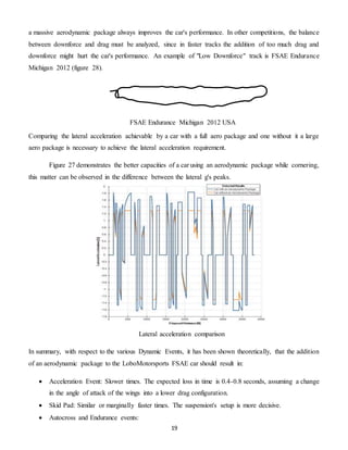 19
a massive aerodynamic package always improves the car's performance. In other competitions, the balance
between downforce and drag must be analyzed, since in faster tracks the addition of too much drag and
downforce might hurt the car's performance. An example of "Low Downforce" track is FSAE Endurance
Michigan 2012 (figure 28).
Comparing the lateral acceleration achievable by a car with a full aero package and one without it a large
aero package is necessary to achieve the lateral acceleration requirement.
Figure 27 demonstrates the better capacities of a car using an aerodynamic package while cornering,
this matter can be observed in the difference between the lateral g's peaks.
In summary, with respect to the various Dynamic Events, it has been shown theoretically, that the addition
of an aerodynamic package to the LoboMotorsports FSAE car should result in:
 Acceleration Event: Slower times. The expected loss in time is 0.4-0.8 seconds, assuming a change
in the angle of attack of the wings into a lower drag configuration.
 Skid Pad: Similar or marginally faster times. The suspension's setup is more decisive.
 Autocross and Endurance events:
Lateral acceleration comparison
FSAE Endurance Michigan 2012 USA
 