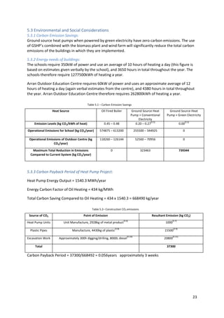 23
5.3 Environmental and Social Considerations
5.3.1 Carbon Emission Savings:
Ground source heat pumps when powered by green electricity have zero carbon emissions. The use
of GSHP’s combined with the biomass plant and wind farm will significantly reduce the total carbon
emissions of the buildings in which they are implemented.
5.3.2 Energy needs of buildings:
The schools require 350kW of power and use an average of 10 hours of heating a day (this figure is
based on estimates given verbally by the school), and 3650 hours in total throughout the year. The
schools therefore require 1277500kWh of heating a year.
Arran Outdoor Education Centre requires 60kW of power and uses an approximate average of 12
hours of heating a day (again verbal estimates from the centre), and 4380 hours in total throughout
the year. Arran Outdoor Education Centre therefore requires 262800kWh of heating a year.
Heat Source Oil Fired Boiler Ground Source Heat
Pump + Conventional
Electricity
Ground Source Heat
Pump + Green Electricity
Emission Levels (kg CO2/kWh of heat) 0.45 – 0.48 0.20 – 0.27
[5.5]
0.00
[5.5]
Operational Emissions for School (kg CO2/year) 574875 – 613200 255500 – 344925 0
Operational Emissions of Outdoor Centre (kg
CO2/year)
118260 – 126144 52560 – 70956 0
Maximum Total Reduction in Emissions
Compared to Current System (kg CO2/year)
0 323463 739344
5.3.3 Carbon Payback Period of Heat Pump Project:
Heat Pump Energy Output = 1540.3 MWh/year
Energy Carbon Factor of Oil Heating = 434 kg/MWh
Total Carbon Saving Compared to Oil Heating = 434 x 1540.3 = 668490 kg/year
Source of CO2 Point of Emission Resultant Emission (kg CO2)
Heat Pump Units Unit Manufacture, 2928kg of metal product
[5.6]
1000
[5.7]
Plastic Pipes Manufacture, 4430kg of plastic
[5.8]
15500
[5.9]
Excavation Work Approximately 300h digging/drilling, 8000L diesel
[5.10]
20800
[5.11]
Total 37300
Carbon Payback Period = 37300/668492 = 0.056years approximately 3 weeks
Table 5.1 – Carbon Emission Savings
Table 5.2– Construction CO2 emissions
 