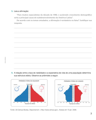 3
Cópiaautorizada.
5.	 Leia a afirmação:
“Para muitos especialistas da década de 1960, o acelerado crescimento demográfico
seria a principal causa do subdesenvolvimento da América Latina”.
De acordo com os temas estudados, a afirmação é verdadeira ou falsa? Justifique sua
resposta.
6.	 A relação entre a taxa de natalidade e a expectativa de vida de uma população determina
sua estrutura etária. Observe as pirâmides a seguir.
PIRÂMIDE ETÁRIA DO EQUADOR
Homens MulheresFaixas etárias
70-74
75-79
80 +
65-69
60-64
55-59
50-54
45-49
40-44
35-39
30-34
25-29
20-24
15-19
10-14
5-9
0-4
População (em milhões)
00 0,20,2 0,40,4 0,60,6 0,80,8
PIRÂMIDE ETÁRIA DO CANADÁ
Homens MulheresFaixas etárias
70-74
75-79
80 +
65-69
60-64
55-59
50-54
45-49
40-44
35-39
30-34
25-29
20-24
15-19
10-14
5-9
0-4
População (em milhões)
00 0,50,5 1,01,0 1,51,5 2,02,0 2,52,5
Fonte: US Census Bureau. Disponível em: http://www.census.gov. Acesso em 15 jan. 2009.
 