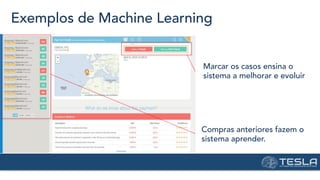 Exemplos de Machine Learning
Marcar os casos ensina o
sistema a melhorar e evoluir
Compras anteriores fazem o
sistema aprender.
 
