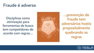 Fraude é adversa
Disciplinas como
otimização para
ferramentas de busca
tem competidores de
acordo com regras…
...prevenção de
fraude tem
adversários hostis
propositalmente
quebrando as
regras
 
