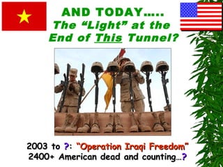 AND TODAY…..
The “Light” at the
End of This Tunnel?
2003 to2003 to ??:: “Operation Iraqi Freedom”“Operation Iraqi Freedom”
2400+ American dead and counting…2400+ American dead and counting…??
 
