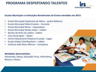 PROGRAMA DESPERTANDO TALENTOS
Escolas Municipais e Instituições Beneficentes de Ensino atendidas em 2013:
• Escola Municipal Capistrano de Abreu - Jardim Botânico
• Escola Municipal Pedro Ernesto – Humaitá
• Escola Municipal Roma – Copacabana
• Escola Municipal Santos Anjos – Leblon
• Núcleo de Artes do Leblon - Leblon
• Casa Santa Ignez – Gávea
• Centro Educacional Pequena Cruzada - Lagoa
• Escola Jóckey Club Brasileiro – Leblon
• Instituto João Alves Affonso – Laranjeiras
Atividades desenvolvidas:
Artesanato, Dança, Educação Física, Informática,
Música e Teatro.
 