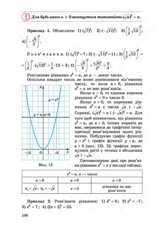 ( ? ) Для будь-якого а > 0 виконується тотожність (ft~f = а.
4)
Приклад 1. Обчислити: 1) (ft)2; 2) ( - f t i f ; 3)(±ft2);
' г*ft
2
V У
Р о з в ' я з а н н я . 1) (ft)2 = 7; 2) ( - f t l f = 11; 3)(±ft21 =
_ (ft)2 _ зI • (ft%f = ^ • 12 = 3; 4) ft
2
Розглянемо рівняння ас2 = а, де a — деяке число.
Оскільки квадрат числа не може дорівнювати від'ємному
числу, то коли а < 0, рівняння
ас2 = а не має розв'язків.
Якщо а = 0, то єдиним коренем
рівняння аг2 = 0 є число 0.
Якщо а > 0, то коренями рів-
няння ас2 = а є числа ft і - ft.
Справді, (ft)2 = а і (- ft)2 = а. Для
того щоб впевнитися, що рівняння
ас2 = а, де а > 0, інших коренів не
має, звернемося до графічної інтер-
претації розв'язування цього рів-
няння. Побудуємо графік функції
У = я? і графік функції у = а, де
а > 0 (мал. 13). Ці графіки перет-
нулися двічі у точках з абсцисами
ft і - ft.
Систематизуємо дані про розв'яз-
Мал. 13 ки рівняння аг2 = а у вигляді таблиці:
У>k
і/ = *2,

 У =а, а>0


У
- 4а О 4а X
о? - а, а — число
а > 0 а= 0 а< 0
х± = ft; Х2 = -ft х=0
рівняння не має
розв'язків
Приклад 2. Розв'язати рівняння: 1) ас2 = 9; 2) я2 = - 7 ;
3) ж2 = 7; 4) (2х + if = 25.
100
 