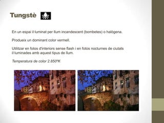Tungstè
En un espai il·luminat per llum incandescent (bombetes) o halògena.
Produeix un dominant color vermell.
Utilitzar en fotos d'interiors sense flash i en fotos nocturnes de ciutats
il·luminades amb aquest tipus de llum.
Temperatura de color 2.850ºK
 