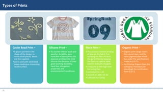 15
Cavier Bead Print –
• A glue is printed in the
shape of the design, to
which small plastic beads
are then applied.
• works well with solid block
areas creating an interesting
tactile surface.
Silicone Print –
• To counter inferior wash and
weather durability, poor
hand feel of some prints like
plastisol printing mills tried
silicone inks because of their
good washing durability,
hand feel, elongation
properties and
environmental friendliness.
Flock Print –
• This process involves printing
of glue on the fabric first,
applying the fiber flock on
the gel printed by keeping
the fabric on special table
(electro statically charged).
• It requires a little high time
for curing than
• normal prints. 120
• seconds at 160C will be
• sufficient for curing.
Organic Print –
• Organic print range covers
the natural dyes, and the
other pigment dyes which
lies under the specifications
made by G.O.T.S.
• For Printing Organic Dyes the
company/ manufacturer
should get the certification
from G.O.T.S.
Types of Prints
 