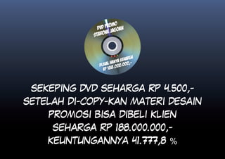 mo
               d vd pro goan
                       ja
             st arone



                               arga
                     han ya seh 0,-
               dijual 8.000.00
                 Rp 18



 SEKEPING DVD SEHARGA RP 4.500,-
SETELAH DI-COPY-KAN MATERI DESAIN
    PROMOSI BISA DIBELI KLIEN
     SEHARGA RP 188.000.000,-
    KEUNTUNGANNYA 41.777,8 %
 