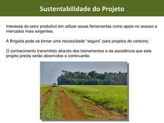 Interesse do setor produtivo em utilizar essas ferramentas como apoio no acesso a mercados mais exigentes; A Brigada pode se tornar uma necessidade “seguro” para projetos de carbono; O conhecimento transmitido através dos treinamentos e da assistência que este projeto presta serão absorvidos e continuarão. Sustentabilidade do Projeto 