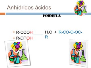 Anhídridos ácidos
FORMULA
 R-COOH
 R-COOH
H2O + R-CO-O-OC-
R
 