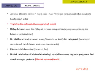 INVERTEBRATA
ANNELIDA KARAKTERISTIK
 Annelida (Yunani, annelus = cincin kecil , eidos = bentuk), cacing yang berbentuk cincin
kecil yang di untai
 Triploblastik, selomata (berongga tubuh sejati)
 Hidup bebas di alam dan hidup di perairan maupun tanah yang mengandung sisa
bahan organik (detritus)
 Bersifat karnivora (memakan udang/invertebrata kecil) dan ektoparasit (menempel
sementara di tubuh hewan vertebrata dan manusia)
 Ukuran tubuh bervariasi (1 mm s.d 3 m)
 Bentuk tubuh simetri bilateral dan terbagi menjadi ruas-ruas (segmen) yang sama dari
anterior sampai posterior [disebut metameri/somit]
 