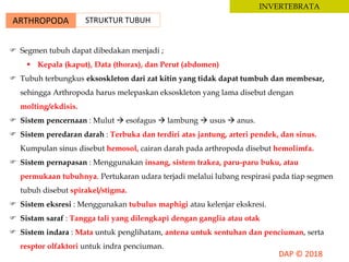 ARTHROPODA STRUKTUR TUBUH
INVERTEBRATA
 Segmen tubuh dapat dibedakan menjadi ;
 Kepala (kaput), Data (thorax), dan Perut (abdomen)
 Tubuh terbungkus eksoskleton dari zat kitin yang tidak dapat tumbuh dan membesar,
sehingga Arthropoda harus melepaskan eksoskleton yang lama disebut dengan
molting/ekdisis.
 Sistem pencernaan : Mulut  esofagus  lambung  usus  anus.
 Sistem peredaran darah : Terbuka dan terdiri atas jantung, arteri pendek, dan sinus.
Kumpulan sinus disebut hemosol, cairan darah pada arthropoda disebut hemolimfa.
 Sistem pernapasan : Menggunakan insang, sistem trakea, paru-paru buku, atau
permukaan tubuhnya. Pertukaran udara terjadi melalui lubang respirasi pada tiap segmen
tubuh disebut spirakel/stigma.
 Sistem eksresi : Menggunakan tubulus maphigi atau kelenjar ekskresi.
 Sistam saraf : Tangga tali yang dilengkapi dengan ganglia atau otak
 Sistem indara : Mata untuk penglihatam, antena untuk sentuhan dan penciuman, serta
resptor olfaktori untuk indra penciuman.
 