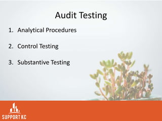 Audit Testing
1. Analytical Procedures
2. Control Testing
3. Substantive Testing
 