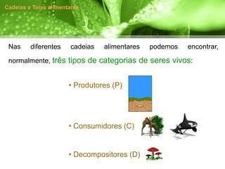 Cadeias e Teias alimentares




 Nas     diferentes    cadeias   alimentares   podemos   encontrar,

 normalmente, três tipos de categorias de seres vivos:


                       • Produtores (P)




                       • Consumidores (C)


                       • Decompositores (D)
 