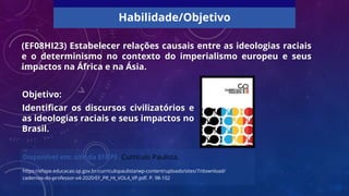 Habilidade/Objetivo
(EF08HI23) Estabelecer relações causais entre as ideologias raciais
e o determinismo no contexto do imperialismo europeu e seus
impactos na África e na Ásia.
Objetivo:
Identificar os discursos civilizatórios e
as ideologias raciais e seus impactos no
Brasil.
Disponível em: site da EFAPE. Currículo Paulista.
https://efape.educacao.sp.gov.br/curriculopaulista/wp-content/uploads/sites/7/download/
cadernos-do-professor-v4-2020/EF_PR_HI_VOL4_VP.pdf. P. 98-102
 