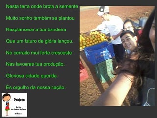 Nesta terra onde brota a semente
Muito sonho também se plantou
Resplandece a tua bandeira
Que um futuro de glória lançou.
No cerrado mui forte cresceste
Nas lavouras tua produção.
Gloriosa cidade querida
És orgulho da nossa nação.
 