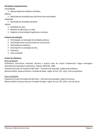 Professora: Maria Lúcia de Lima Página 4
Atividades complementares
Consolidação
 Apresentação de trabalhos realizados.
Reforço
 Retomada de conteúdos que não foram bem assimilados.
Ampliação
 Resolução de atividades paralelas.
Valores
 Qualidade de vida;
 Respeito às diferenças e a vida;
 Respeito às diversidades linguísticas e culturais.
Critérios de avaliação
 Participação na realização de atividades práticas;
 Participação ativa nas discussões em sala de aula;
 Elaboração de relatórios;
 Desempenho na avaliação escrita;
 Pesquisas;
 Auto-avaliação.
Fontes de referência
Para o professor:
Parâmetros curriculares nacionais: terceiro e quarto ciclos do ensino fundamental: língua estrangeira
/Secretaria de Educação Fundamental. Brasília: MEC/SEF, 1998.
Proposta Curricular do Estado de São Paulo – Secretaria da educação. Caderno do professor.
Mariana Kiillner; Rosana Amâncio. Vontade de Saber. Inglês. 8º ano. FDT, 2012. Livro do professor.
Para o estudante:
Proposta Curricular do Estado de São Paulo – Secretaria da educação. Caderno do aluno.
Mariana Kiillner; Rosana Amancio. Vontade de Saber. Inglês. 8º ano. FDT, 2012. Livro do aluno.
 