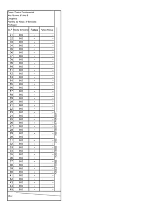 Curso: Ensino Fundamental
Ano / turma: 8º Ano B
Disciplina:
Planilha de Notas: 3º Bimestre
Professor:




                                                Assinatura do Professor: _______________________________________________________________________
N.º Média Bimestral Faltas       Faltas Recup

  01       0.0             -                -
  02       0.0             -                -
  03       0.0             -                -
  04       0.0             -                -
  05       0.0             -                -
  06       0.0             -                -
  07       0.0             -                -
  08       0.0             -                -
  09       0.0             -                -
  10       0.0             -                -
  11       0.0             -                -
  12       0.0             -                -
  13       0.0             -                -
  14       0.0             -                -
  15       0.0             -                -
  16       0.0             -                -
  17       0.0             -                -
  18       0.0             -                -
  19       0.0             -                -
  20       0.0             -                -
  21       0.0             -                -
  22       0.0             -                -
  23       0.0             -                -
  24       0.0             -                -
  25       0.0             -                -
  26       0.0             -                -
  27       0.0             -                -
  28       0.0             -                -
  29       0.0             -                -
  30       0.0             -                -
                                                Data:




  31       0.0             -                -
  32       0.0             -                -
                                                Aulas previstas: Aulas dadas:




  33       0.0             -                -
  34       0.0             -                -
  35       0.0             -                -
  36       0.0             -                -
  37       0.0             -                -
  38       0.0             -                -
  39       0.0             -                -
  40       0.0             -                -
  41       0.0             -                -
  42       0.0             -                -
  43       0.0             -                -
  44       0.0             -                -
  45       0.0             -                -

Obs.:
 