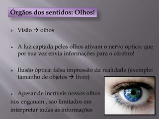  Visão  olhos
 A luz captada pelos olhos ativam o nervo óptico, que
por sua vez envia informações para o cérebro!
 Ilusão óptica: falsa impressão da realidade (exemplo:
tamanho de objetos  livro)
 Apesar de incríveis nossos olhos
nos enganam , são limitados em
interpretar todas as informações
Órgãos dos sentidos: Olhos!
 