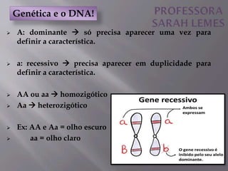  A: dominante  só precisa aparecer uma vez para
definir a característica.
 a: recessivo  precisa aparecer em duplicidade para
definir a característica.
 AA ou aa  homozigótico
 Aa  heterozigótico
 Ex: AA e Aa = olho escuro
 aa = olho claro
Genética e o DNA!
 