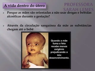  Porque as mães são orientadas a não usar drogas e bebidas
alcoólicas durante a gestação?
 Através da circulação sanguínea da mãe as substâncias
chegam até o bebê
A vida dentro do útero
 
