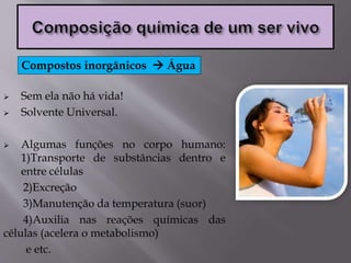  Sem ela não há vida!
 Solvente Universal.
 Algumas funções no corpo humano:
1)Transporte de substâncias dentro e
entre células
2)Excreção
3)Manutenção da temperatura (suor)
4)Auxilia nas reações químicas das
células (acelera o metabolismo)
e etc.
Compostos inorgânicos  Água
 