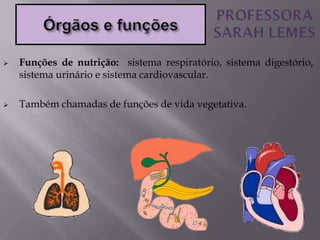  Funções de nutrição: sistema respiratório, sistema digestório,
sistema urinário e sistema cardiovascular.
 Também chamadas de funções de vida vegetativa.
 