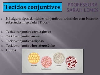  Há alguns tipos de tecidos conjuntivos, todos eles com bastante
substância intercelular! Tipos:
1) Tecido conjuntivo cartilaginoso
2) Tecido conjuntivo ósseo
3) Tecido conjuntivo adiposo
4) Tecido conjuntivo hematopoiético
5) Outros..
Tecidos conjuntivos
 