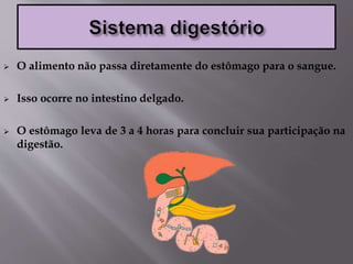  O alimento não passa diretamente do estômago para o sangue.
 Isso ocorre no intestino delgado.
 O estômago leva de 3 a 4 horas para concluir sua participação na
digestão.
 