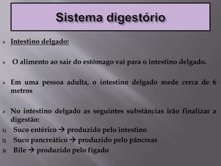  Intestino delgado:
 O alimento ao sair do estômago vai para o intestino delgado.
 Em uma pessoa adulta, o intestino delgado mede cerca de 6
metros
 No intestino delgado as seguintes substâncias irão finalizar a
digestão:
1) Suco entérico  produzido pelo intestino
2) Suco pancreático  produzido pelo pâncreas
3) Bile  produzido pelo fígado
 