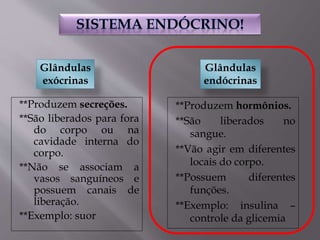 Glândulas
endócrinas
Glândulas
exócrinas
**Produzem hormônios.
**São liberados no
sangue.
**Vão agir em diferentes
locais do corpo.
**Possuem diferentes
funções.
**Exemplo: insulina –
controle da glicemia
**Produzem secreções.
**São liberados para fora
do corpo ou na
cavidade interna do
corpo.
**Não se associam a
vasos sanguíneos e
possuem canais de
liberação.
**Exemplo: suor
 